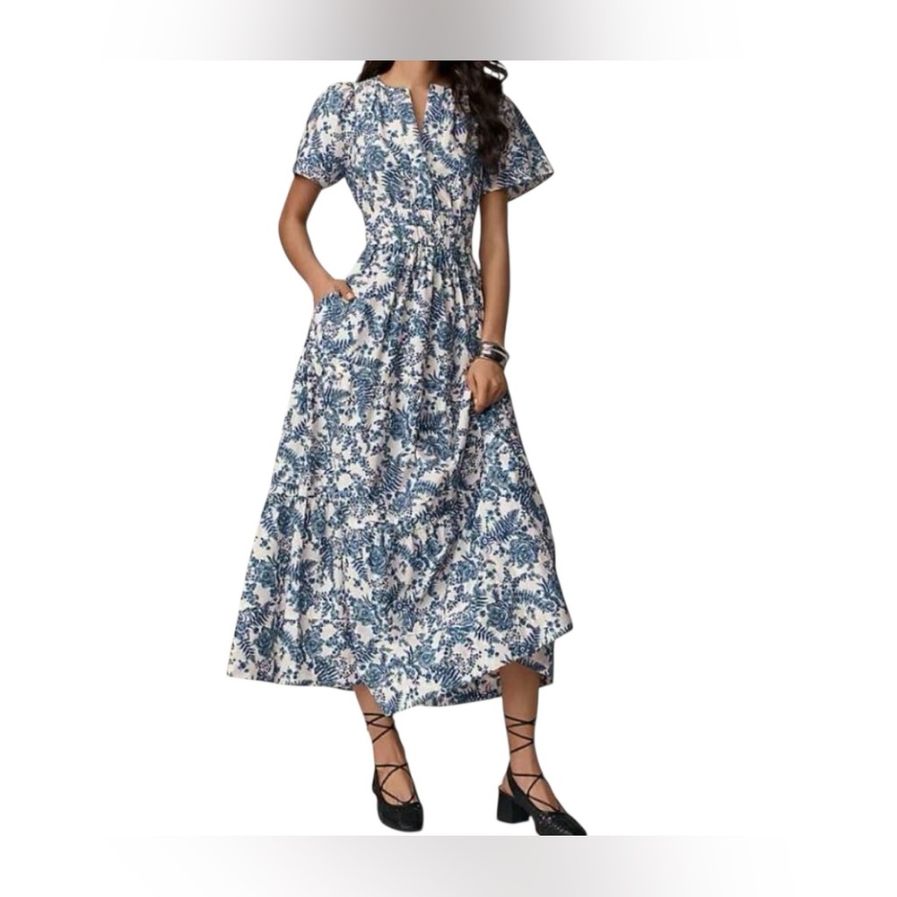 Anthropologie Maeve Somerset Blue Toile Floral Tiered Maxi Dress - Picture 4 of 5